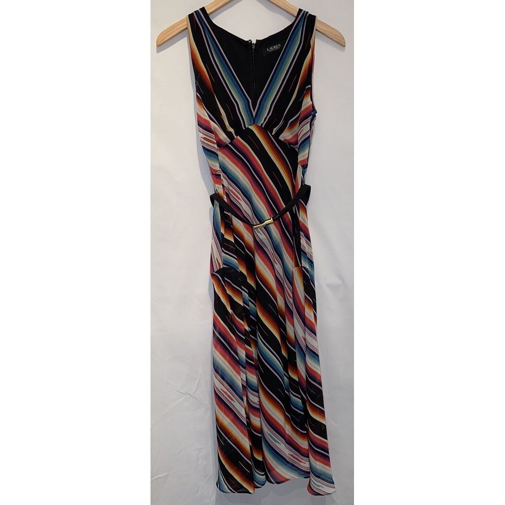 Lauren Ralph Lauren Women's Striped Crinkle Georgette Dress‎ Belted Size 8